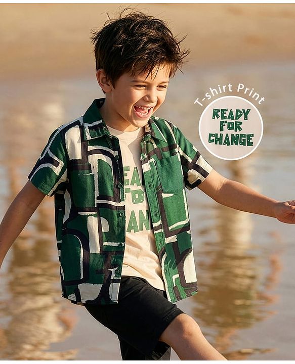 Pine Kids Woven Half Sleeves Abstract Printed Shirt With Inner Tee - Green & Off White