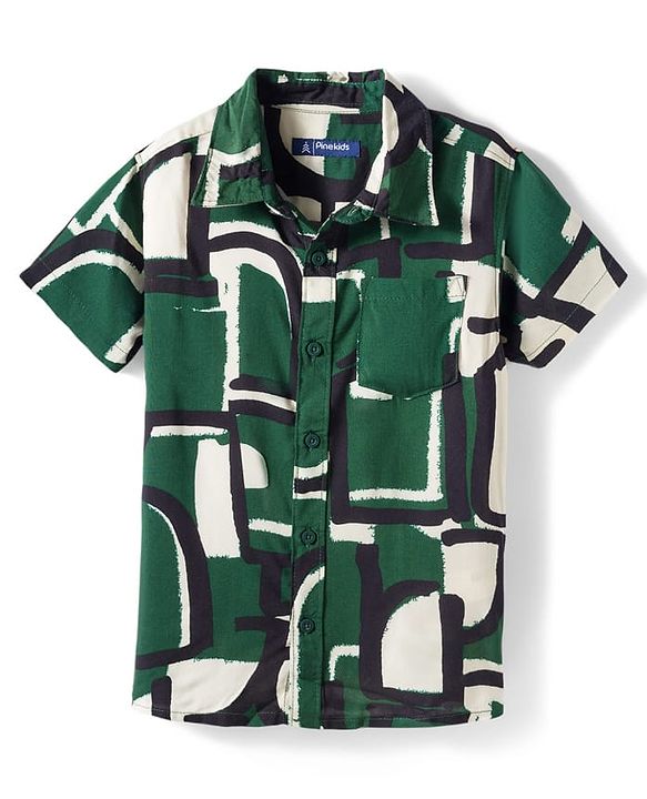 Pine Kids Woven Half Sleeves Abstract Printed Shirt With Inner Tee - Green & Off White
