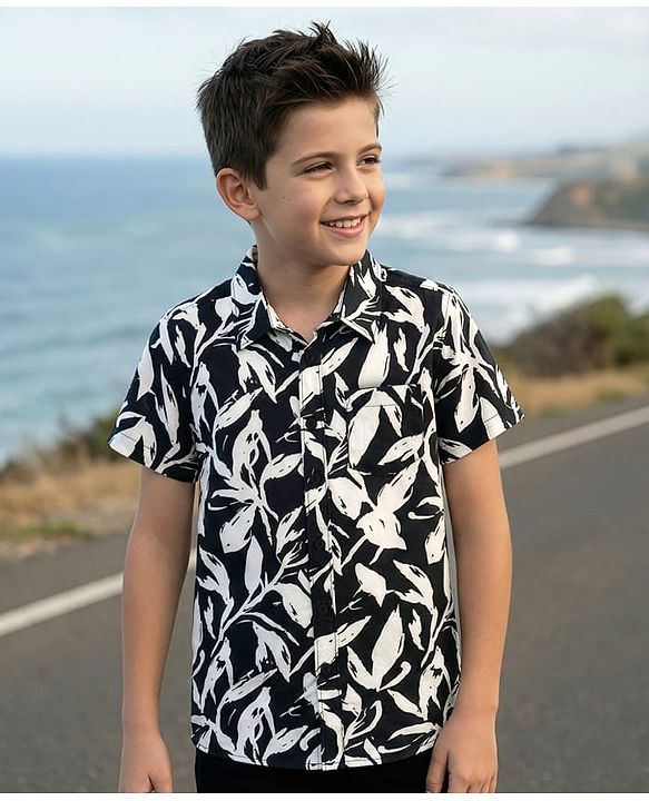 Pine Kids Woven Half Sleeves Shirt With Leaf Print - Multicolor