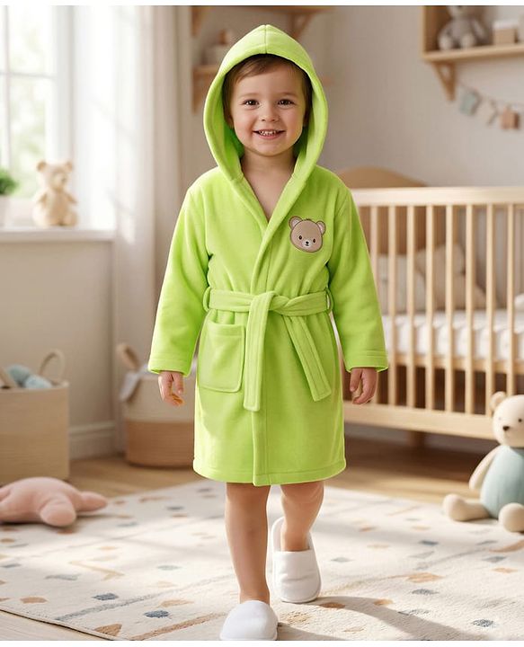 Babyhug Knit Full Sleeves Terry Bath Robe With Hood & Teddy Bear Embroidery - Green