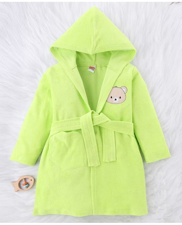 Babyhug Knit Full Sleeves Terry Bath Robe With Hood & Teddy Bear Embroidery - Green