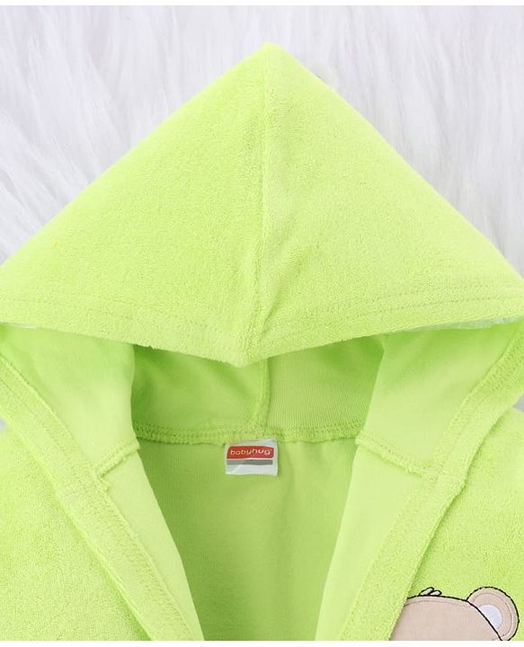 Babyhug Knit Full Sleeves Terry Bath Robe With Hood & Teddy Bear Embroidery - Green