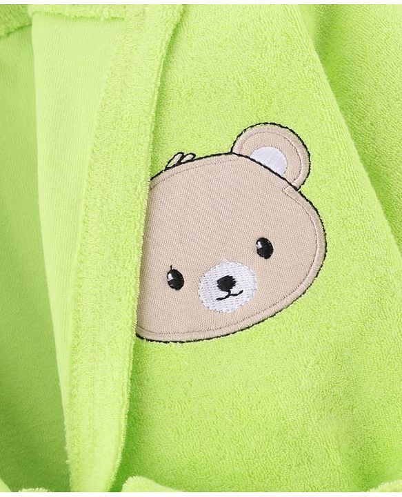 Babyhug Knit Full Sleeves Terry Bath Robe With Hood & Teddy Bear Embroidery - Green