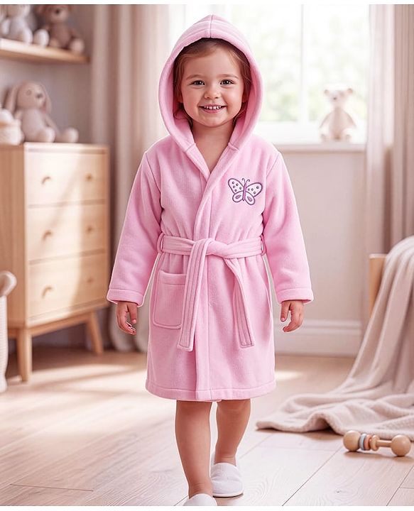 Babyhug Terry Knit Full Sleeves Bath Robe With Hood & Butterfly Embroidery - Pink