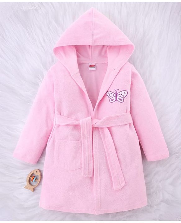 Babyhug Terry Knit Full Sleeves Bath Robe With Hood & Butterfly Embroidery - Pink