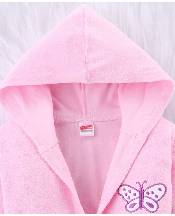 Babyhug Terry Knit Full Sleeves Bath Robe With Hood & Butterfly Embroidery - Pink