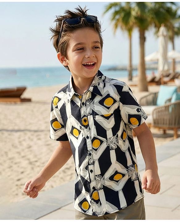 Pine Kids Woven Half Sleeves Shirt With Leaf Print - Multicolor