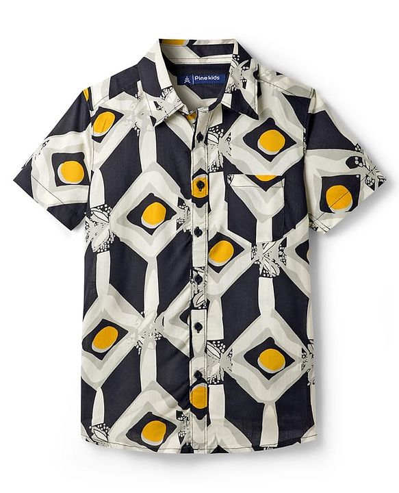 Pine Kids Woven Half Sleeves Shirt With Leaf Print - Multicolor