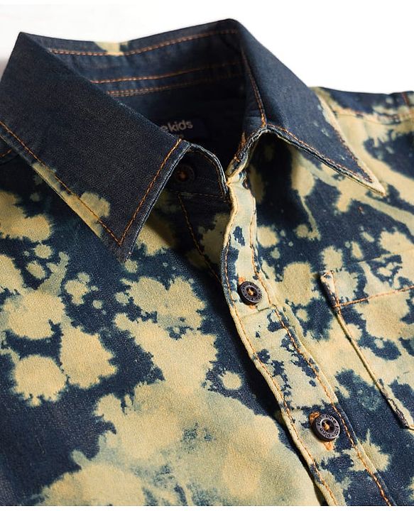 Pine Kids Denim Woven Half Sleeves Printed Shirt - Navy Blue