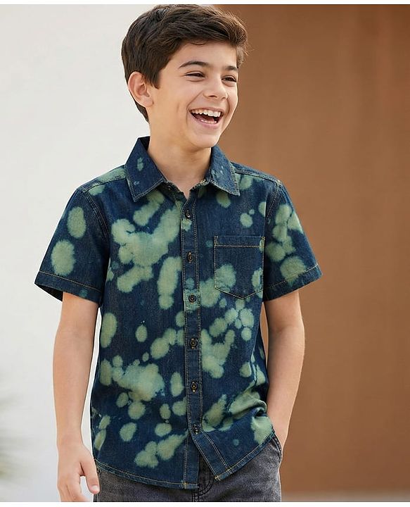 Pine Kids Denim Woven Half Sleeves Printed Shirt - Navy Blue