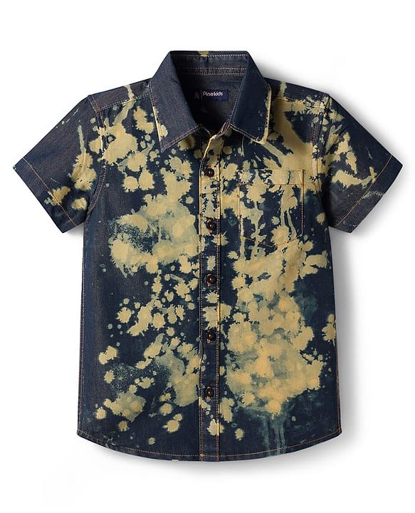 Pine Kids Denim Woven Half Sleeves Printed Shirt - Navy Blue