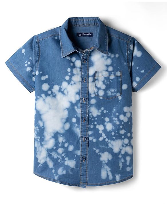 Pine Kids Denim Woven Half Sleeves Printed Shirt - Navy Blue