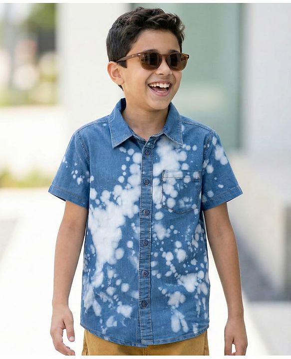 Pine Kids Denim Woven Half Sleeves Printed Shirt - Navy Blue