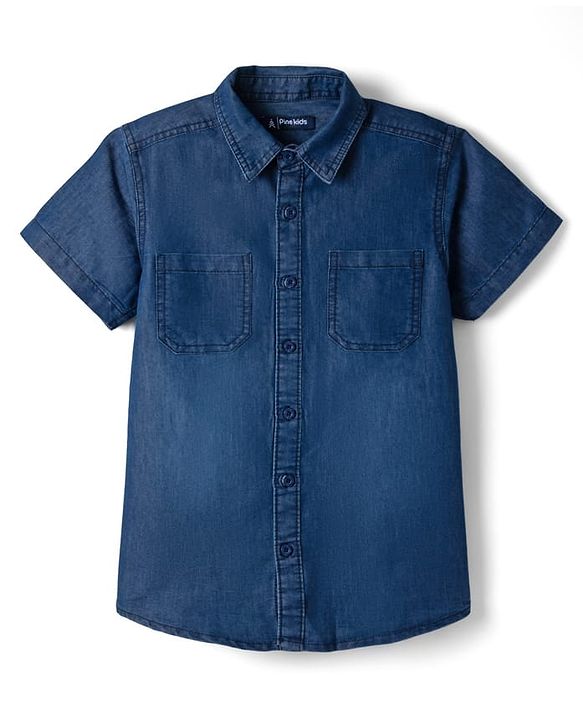 Pine Kids Woven Half Sleeves Solid Denim Shirt With Printed Inner Tee - Navy Blue
