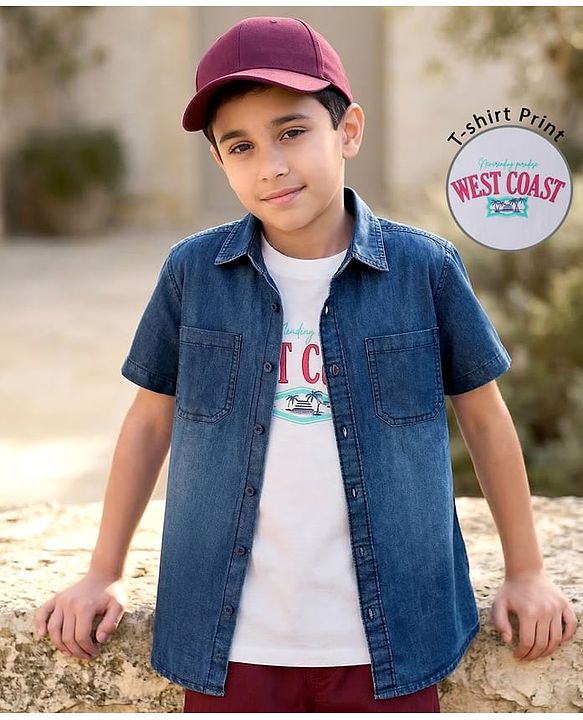 Pine Kids Woven Half Sleeves Solid Denim Shirt With Printed Inner Tee - Navy Blue