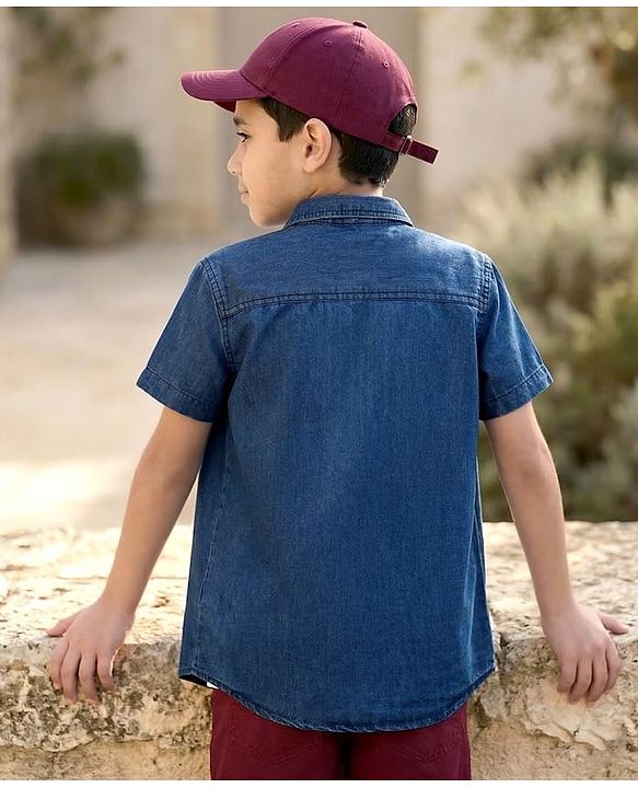 Pine Kids Woven Half Sleeves Solid Denim Shirt With Printed Inner Tee - Navy Blue