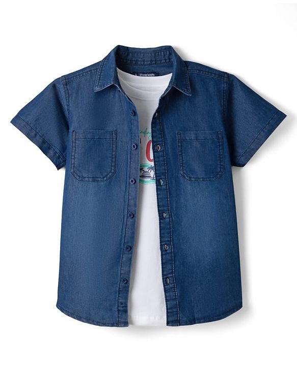 Pine Kids Woven Half Sleeves Solid Denim Shirt With Printed Inner Tee - Navy Blue