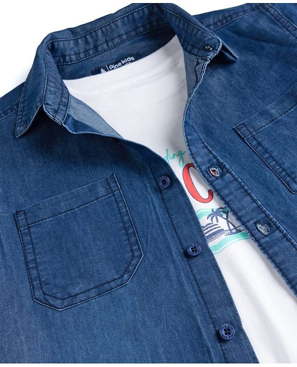Pine Kids Woven Half Sleeves Solid Denim Shirt With Printed Inner Tee - Navy Blue