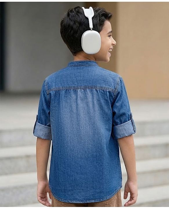 Pine Kids Denim Woven Full Sleeves Solid Color Denim Shirt with Inner Tee - Light Blue
