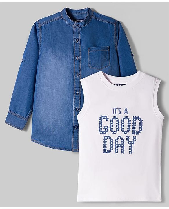 Pine Kids Denim Woven Full Sleeves Solid Color Denim Shirt with Inner Tee - Light Blue