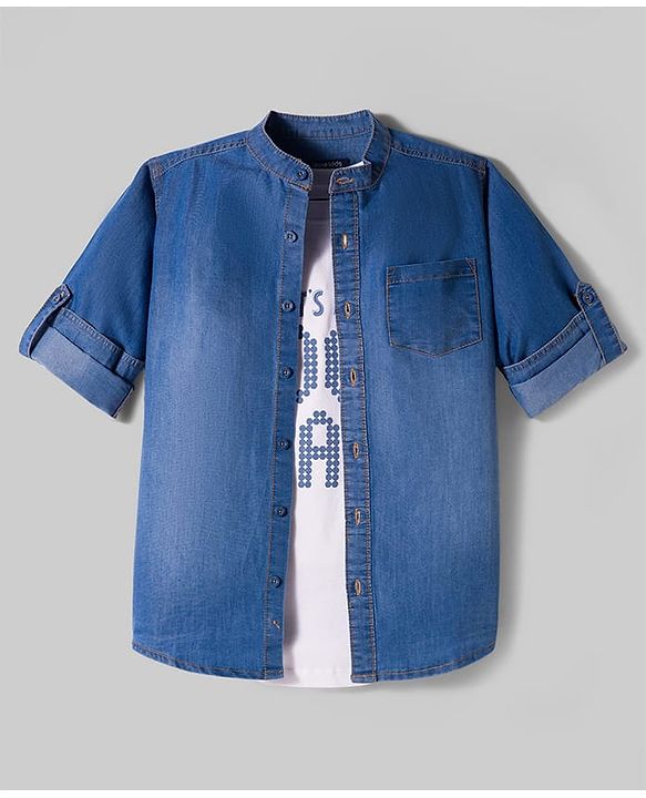 Pine Kids Denim Woven Full Sleeves Solid Color Denim Shirt with Inner Tee - Light Blue