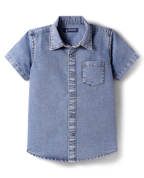 Pine Kids Denim Woven Half Sleeves Solid Color Shirt - Light Blue