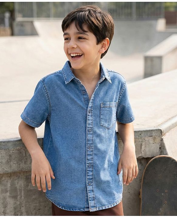 Pine Kids Denim Woven Half Sleeves Solid Color Shirt - Light Blue
