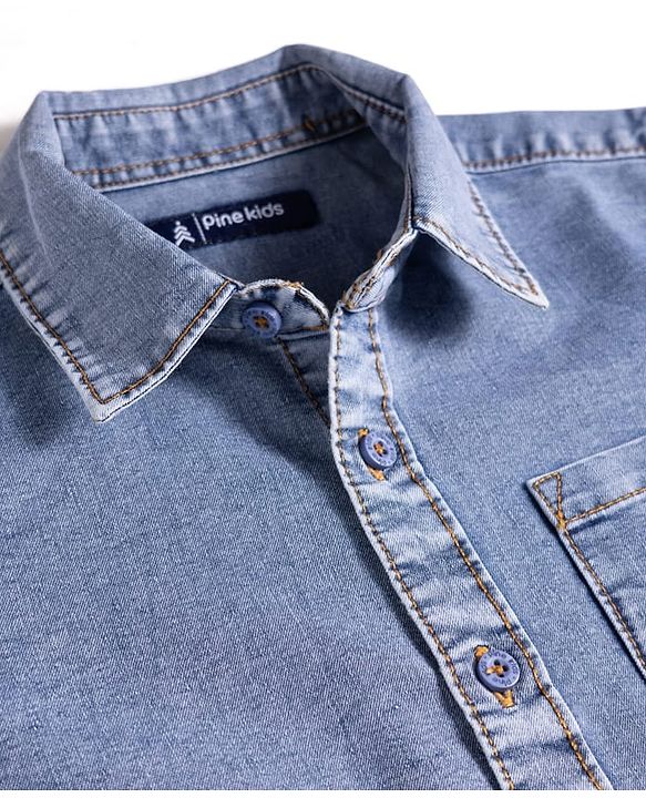 Pine Kids Denim Woven Half Sleeves Solid Color Shirt - Light Blue