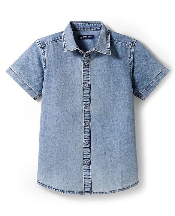 Pine Kids Denim Woven Half Sleeves Solid Color Shirt - Light Blue