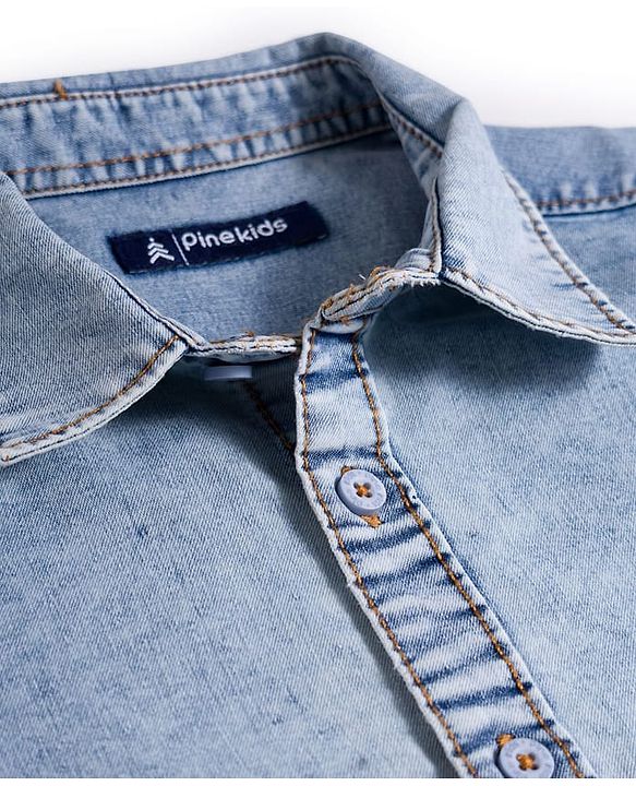 Pine Kids Denim Woven Half Sleeves Solid Color Shirt - Light Blue