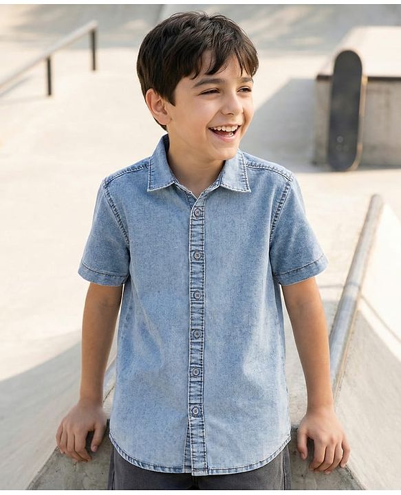 Pine Kids Denim Woven Half Sleeves Solid Color Shirt - Light Blue