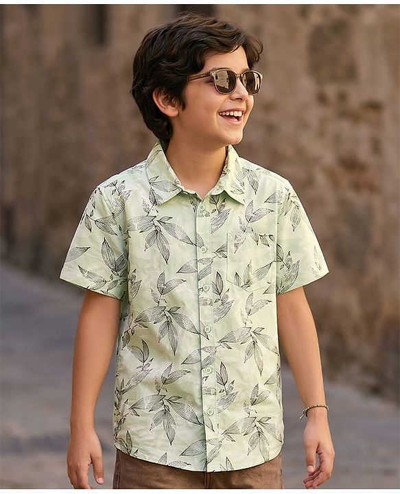 Pine Kids Woven Half Sleeves Shirt with Tropical Theme Print - Multicolor