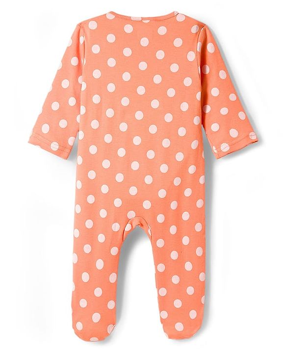Babyhug Cotton Knit Full Sleeves Footed Sleepsuit With Polka Dot Print & Cap - Peach