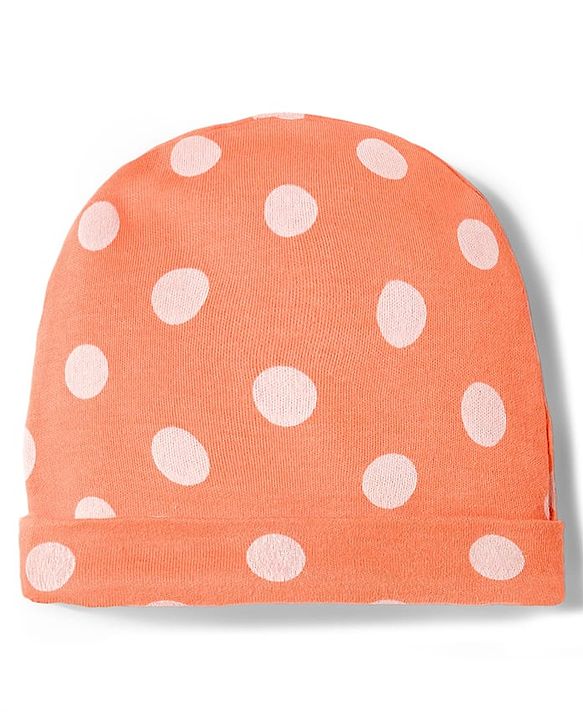 Babyhug Cotton Knit Full Sleeves Footed Sleepsuit With Polka Dot Print & Cap - Peach