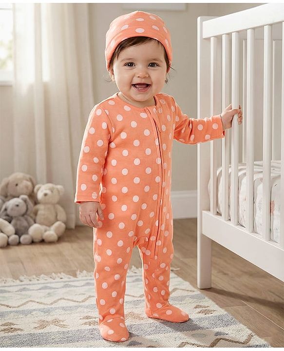 Babyhug Cotton Knit Full Sleeves Footed Sleepsuit With Polka Dot Print & Cap - Peach