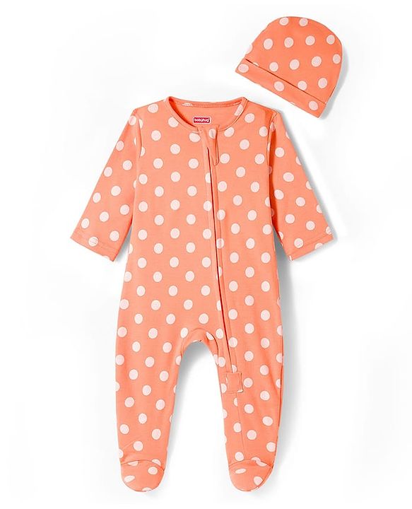 Babyhug Cotton Knit Full Sleeves Footed Sleepsuit With Polka Dot Print & Cap - Peach