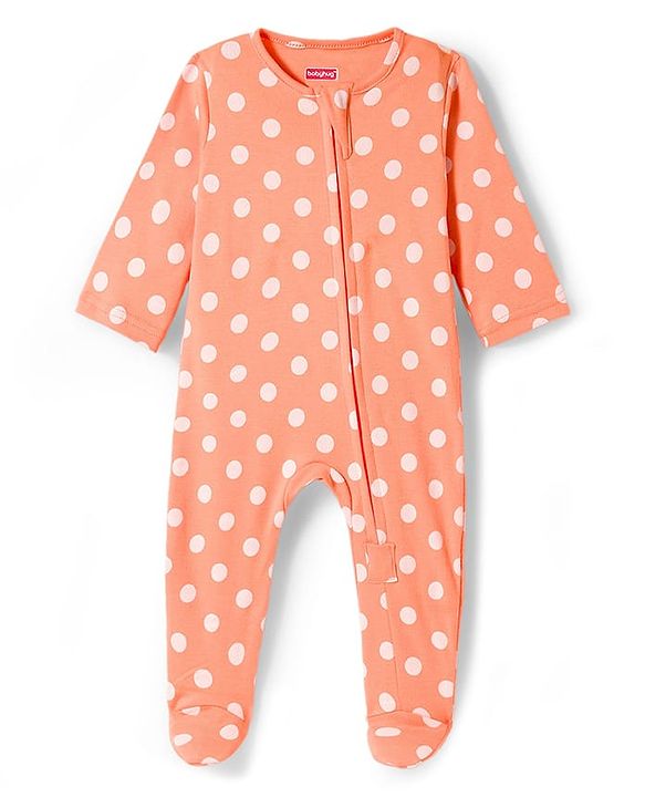 Babyhug Cotton Knit Full Sleeves Footed Sleepsuit With Polka Dot Print & Cap - Peach
