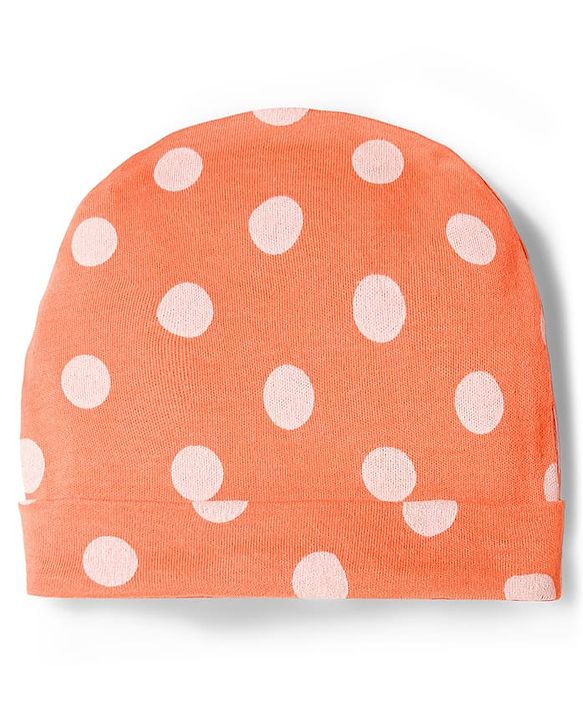 Babyhug Cotton Knit Full Sleeves Footed Sleepsuit With Polka Dot Print & Cap - Peach
