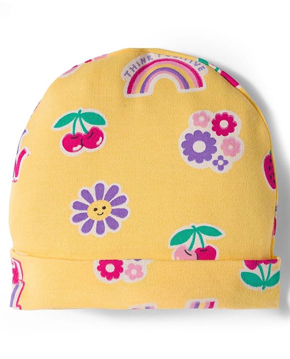 Babyhug Cotton Knit Full Sleeves Footed Sleepsuit With Floral Print & Cap - Yellow