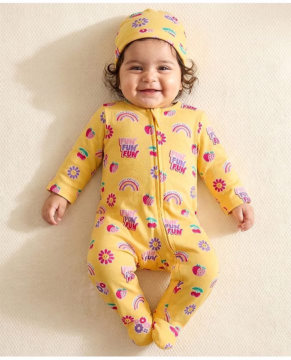 Babyhug Cotton Knit Full Sleeves Footed Sleepsuit With Floral Print & Cap - Yellow