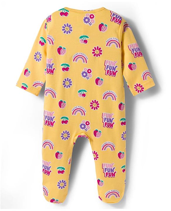 Babyhug Cotton Knit Full Sleeves Footed Sleepsuit With Floral Print & Cap - Yellow