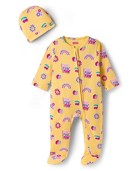 Babyhug Cotton Knit Full Sleeves Footed Sleepsuit With Floral Print & Cap - Yellow