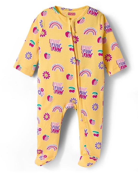 Babyhug Cotton Knit Full Sleeves Footed Sleepsuit With Floral Print & Cap - Yellow