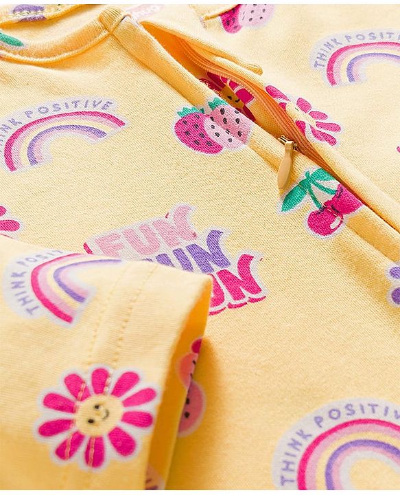 Babyhug Cotton Knit Full Sleeves Footed Sleepsuit With Floral Print & Cap - Yellow