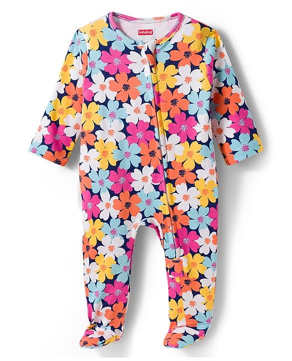 Babyhug Cotton Knit Full Sleeves Footed Sleepsuit With Floral Print & Cap - Navy Blue