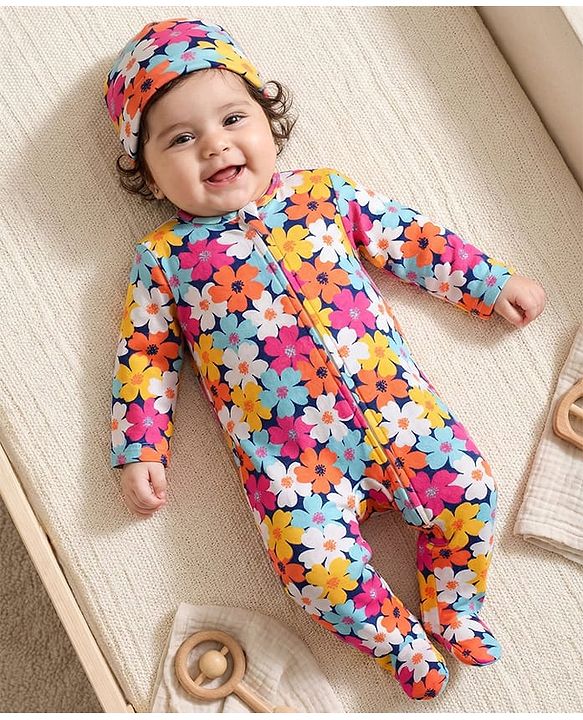 Babyhug Cotton Knit Full Sleeves Footed Sleepsuit With Floral Print & Cap - Navy Blue