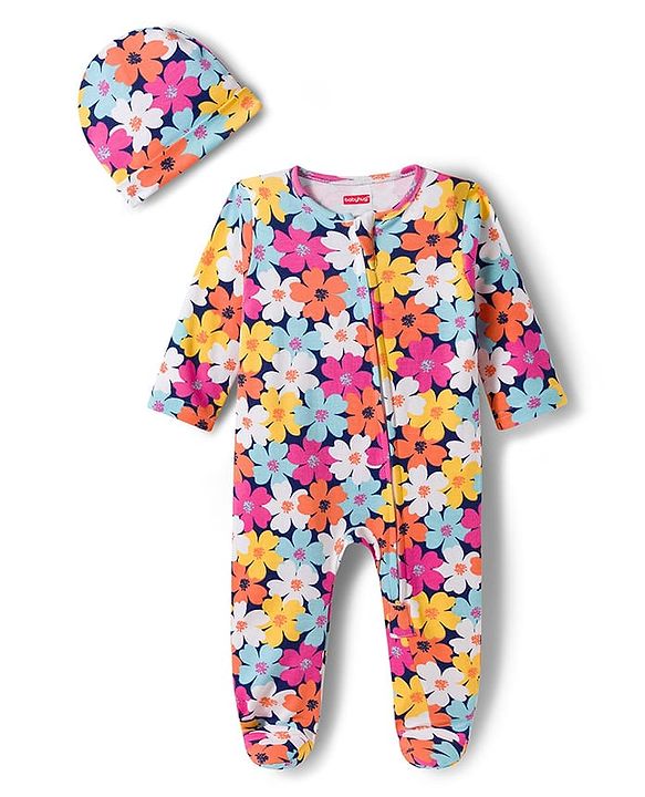 Babyhug Cotton Knit Full Sleeves Footed Sleepsuit With Floral Print & Cap - Navy Blue