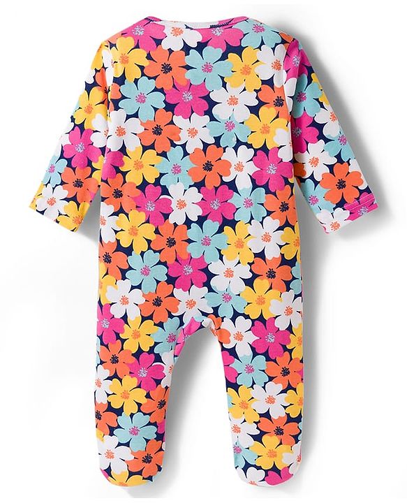 Babyhug Cotton Knit Full Sleeves Footed Sleepsuit With Floral Print & Cap - Navy Blue