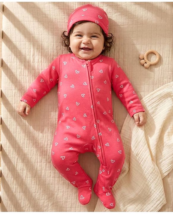 Babyhug Cotton Knit Full Sleeves Footed Sleepsuit With Heart Print & Cap - Pink