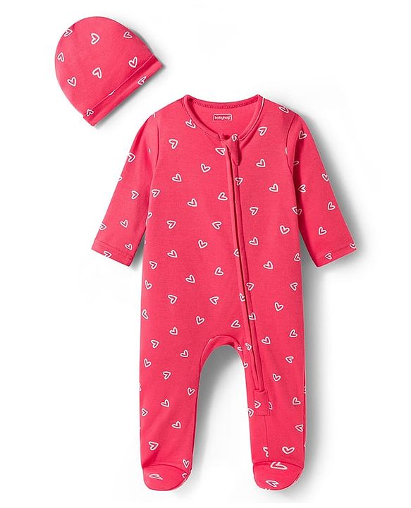 Babyhug Cotton Knit Full Sleeves Footed Sleepsuit With Heart Print & Cap - Pink